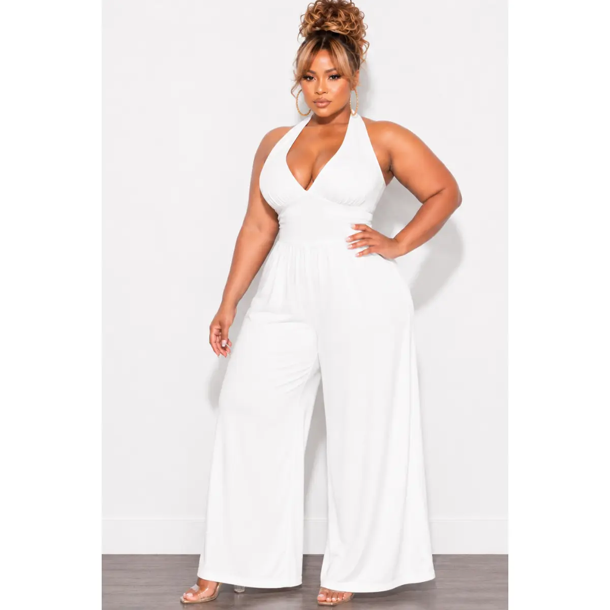 Final Sale Plus Size Halter Jumpsuit in White Poplin