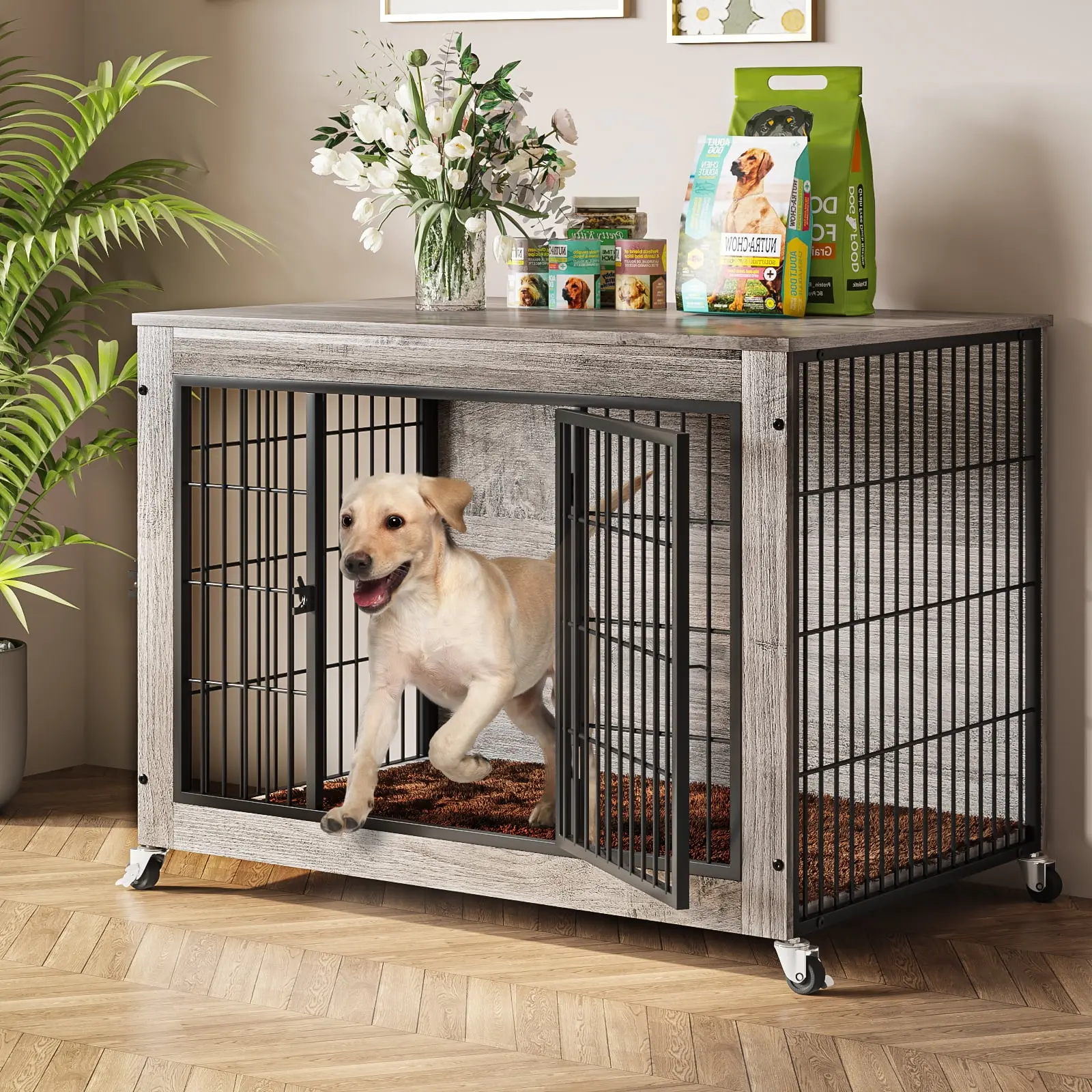 Wooden Dog Crate Furniture with Cushion, Double Doors Wooden Dog Kennel Indoor with Wheels