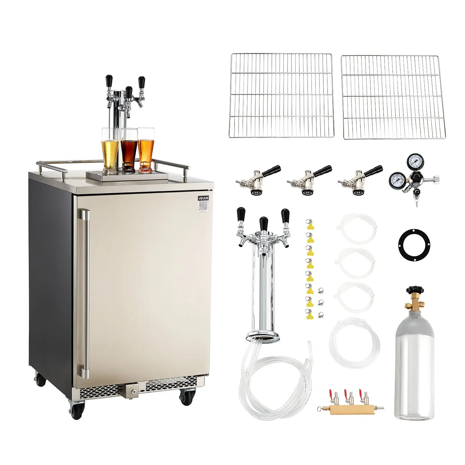 VEVOR Triple Tap Commercial D-System Draft Beer Kegerator, 160L Full-Size Refrigerator with 5lbs CO2 Tank, Holds 3 Sixth/2 Slim/3 Ball-Lock Kegs, 115V 130W AC115V 60Hz, Any Setting, 23.9x26.8x53.9 in