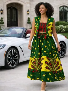 African Print 3-Piece Skirt Set – Ankara Crop Top, Vest & Maxi Skirt Outfit for Women