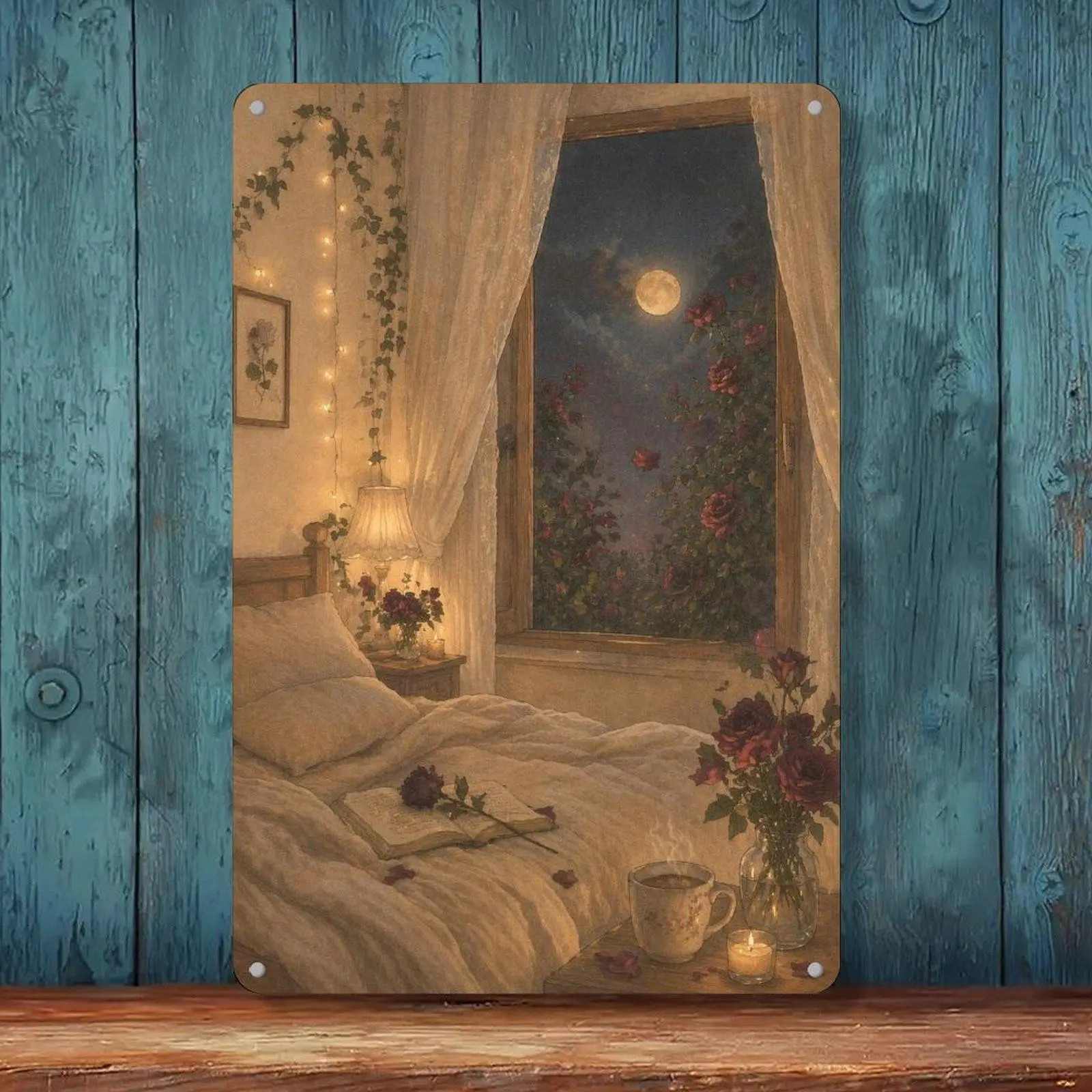 Vintage Iron Retro Moon Night Rose Tin Sign - 8x12in Cozy Cottagecore Romantic Wall Decor for Bedroom, Coffee Book Nook Accent Home Supply