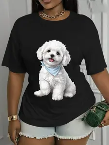 Adorable Pup in Bandana Graphic Tee - White Dog with Light Blue Scarf Print in Black & White,Personalized short-sleeved T-shirt, suitable for home relaxation, daily outings and gatherings.