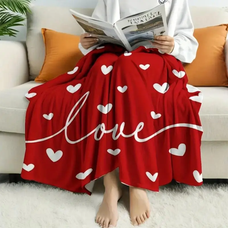Valentine's Day Heart Print Fluffy Cotton Blend Blanket - Lightweight Ultra-Soft Flannel Throw, Pink & Red Plush, Ideal for Girlfriend, Suitable for Sofa & Bed, 2026 Home Decor