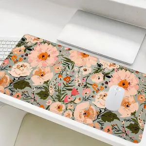 Vintage Floral Pattern Mouse Pad, Rectangle Gaming Mouse Pad, Office Desk Accessories, Non-Slip Rubber Base Stitched Edge Desk Pad for Laptop Desktop