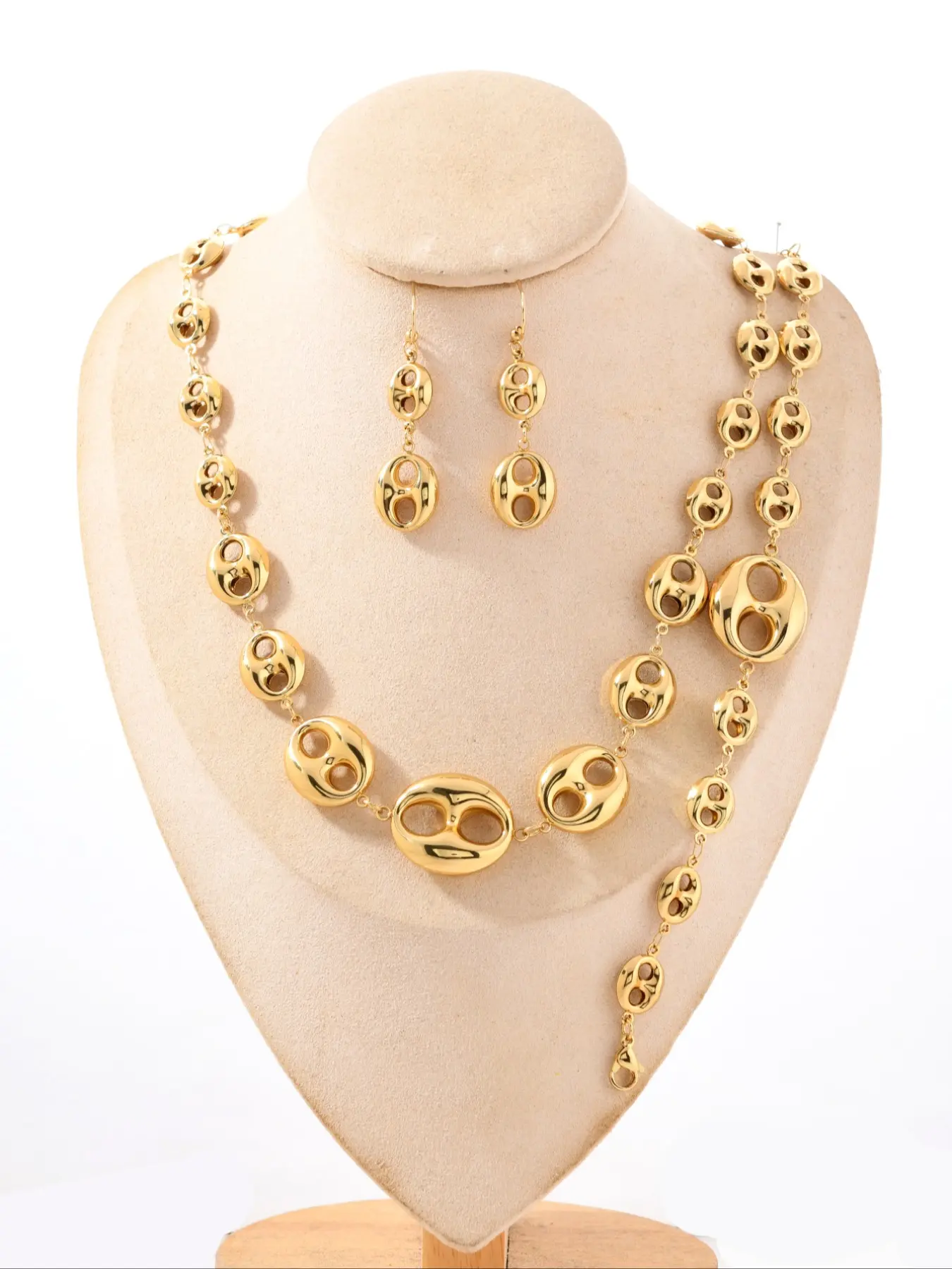 18k Gold Plated Stainless Steel Pig Nose Coffee Bean Jewelry Set, Matching Jewelry Set, Jewellery Gift Set, High-End Necklace Bracelet Ring Set, Casual Style, Versatile, All Seasons Wear, Choking Hazard Safe, Unique