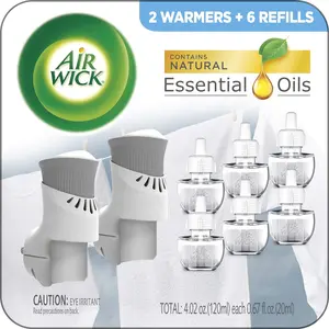 Air Wick Plug in Scented Oil Starter Kit, 2 Warmers + 6 Refills, Fresh Linen, Same Familiar Smell of Fresh Laundry, Eco Friendly, Essential Oils, Air Freshener