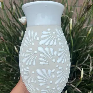 White Talavera Mexican Flower Vase Hand Painted Pottery