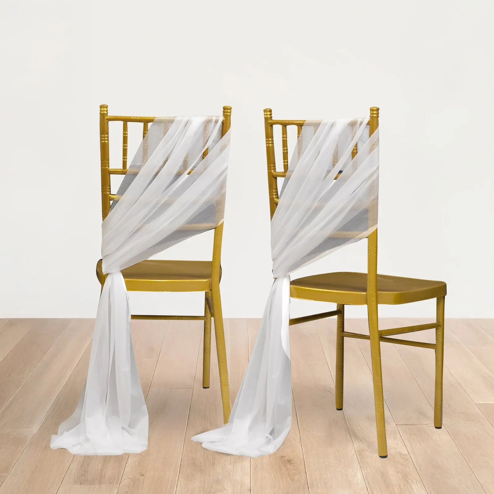 Chair Cover Sashes, 20-Pack 9ft White Sheer Fabric Wrinkle-Resistant Shimmer Chair Drape Decor for Weddings, Restaurants