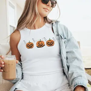 Retro Halloween Rib Racer Tank, Pumpkin Cat Ghost, Old Style Horror Top, Womens Spooky Crop, Trick or Treat Tee, Gift for Her, Halloween Womenswear