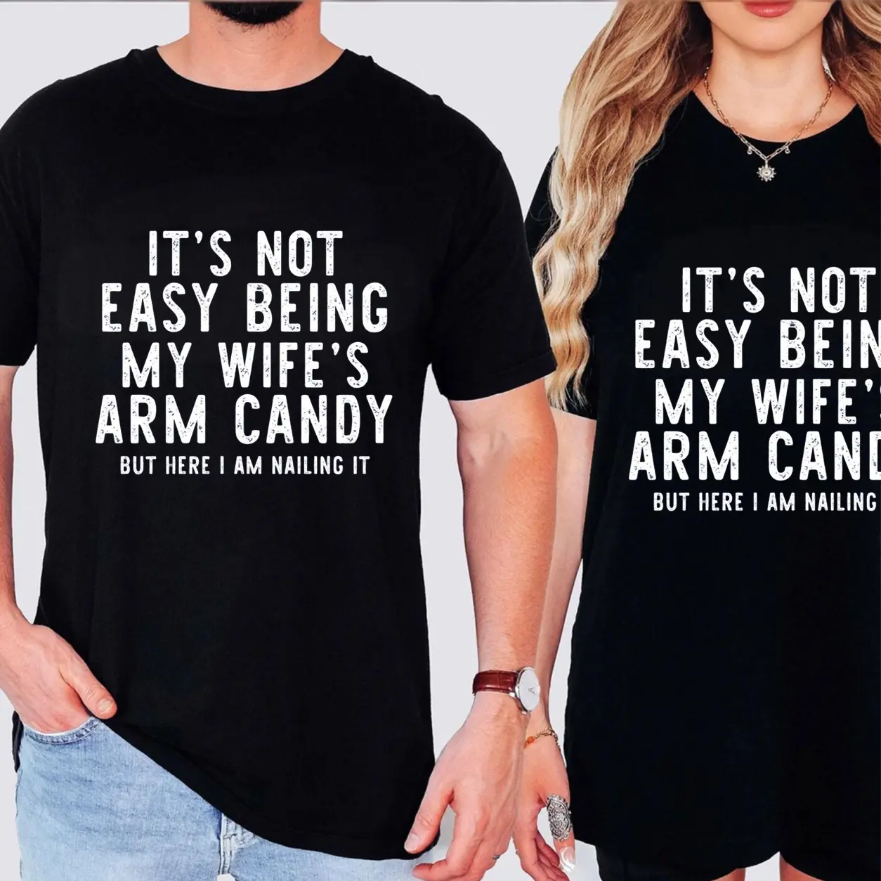 Unisex Pure Cotton T-shirt Men Funny Wife’s Arm Candy Text Print Universal Couple Short Sleeve Tee