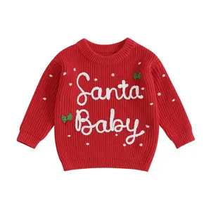 REDWOON Toddler Infant Newborn Baby Boy Girl Christmas Sweater Santa Baby Embroidered Knit Crewneck Pullover Sweatshirt Fall Winter Outfit
