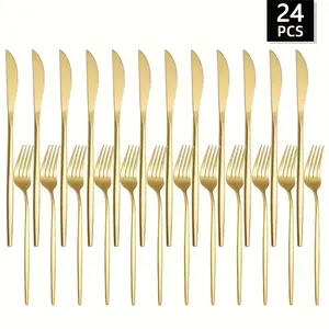 24-Piece Stainless Steel Portuguese Style Cutlery Set, Tableware, Includes 12 Dinner Knives & 12 Forks, Mirror Polished, Durable, Dishwasher Safe