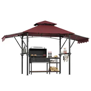 8x5 Grill Gazebo Outdoor BBQ Canopy with Adjustable Dual Side Awnings, Double Tier Vented Roof, Heavy Duty Grill Shelter with 10 Hooks & Ceiling Light Hook and 4 Led Lights for Backyard Patio