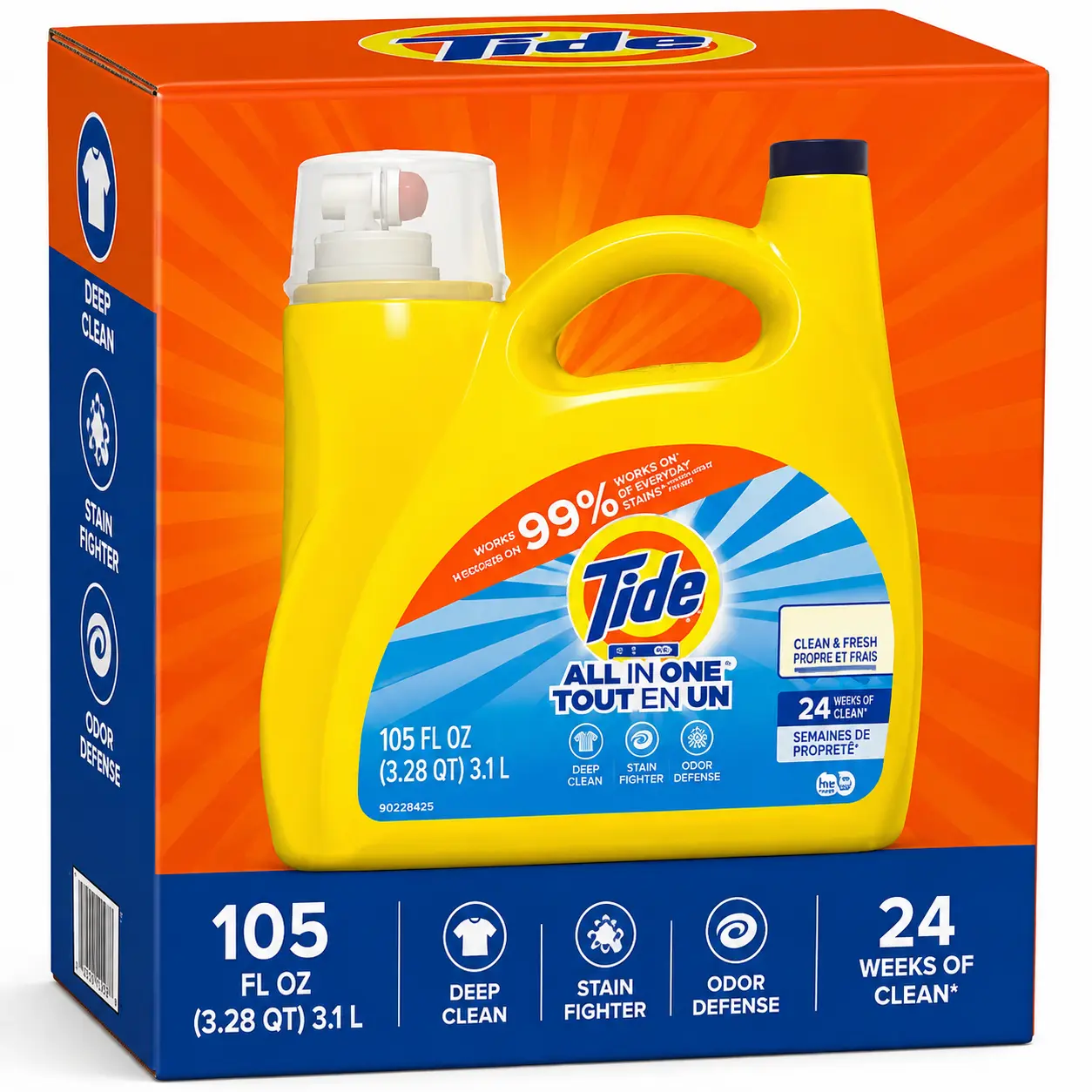 Tide All in One Liquid Laundry Detergent, Clean & Fresh Scent, HE Compatible, 105 fl oz (3.1 L), Up to 24 Weeks of Clean