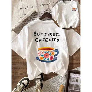 But First Cafecito Graphic Tee Floral Coffee Cup Print Womens Oversized Short Sleeve Crewneck Casual Trendy Soft Top For Brunch Vacation Streetwear