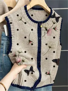 French retro style loose crew neck sleeveless contrast button khaki, contrasting polka dot floral print women's sweater vest, suitable for spring and summer women's wear, versatile women's button sleeveless knitted sweater, Casual Comfy Vest