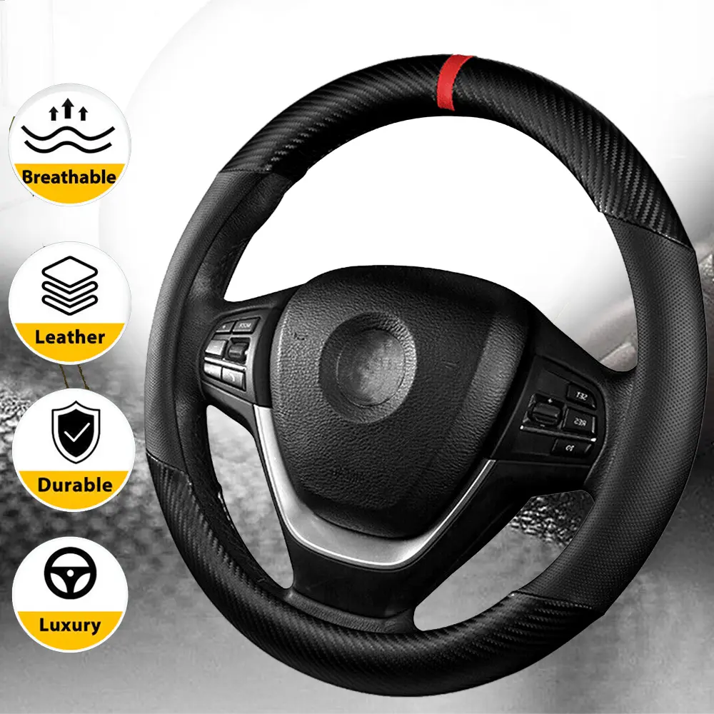 Car Steering Wheel Cover,Carbon Fiber Leather Steering Wheel Cover,Universal 14.5-15 Inch Microfiber Leather Anti-Slip Breathable Auto Steering Wheel Covers for Men Women (Black)