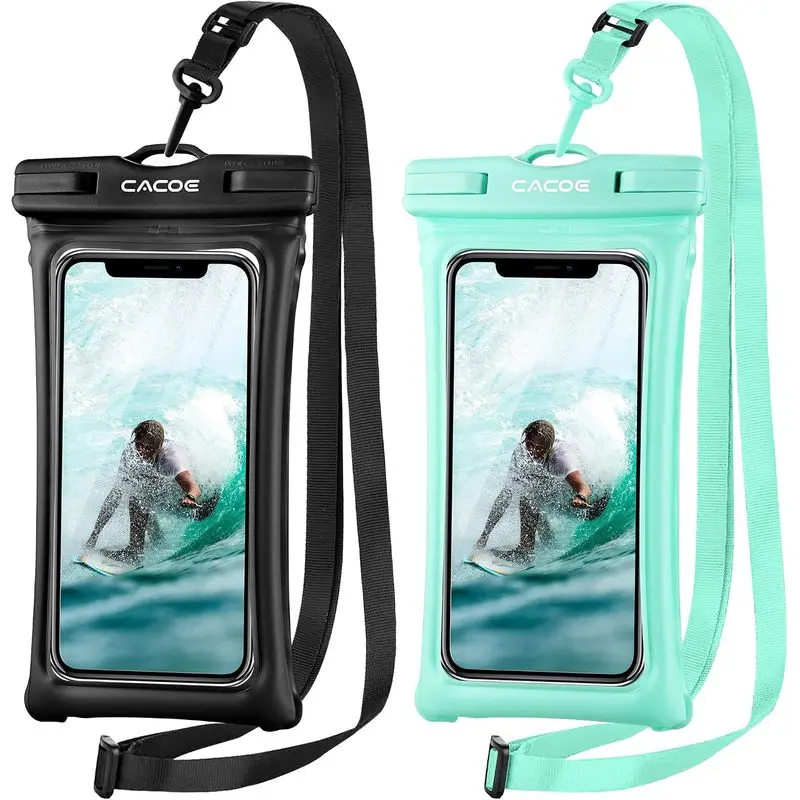 outdoor CACOE Floatable Waterproof Phone Pouch 2 Pack Up to 7.0",Black+Green