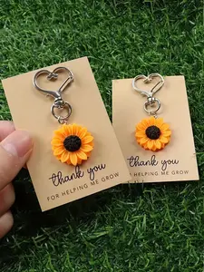 Sunflower Design Keychain with Thank You Card, Floral Pattern Keychain, Cute Flower Keychain for Women & Men, Fashion Accessories for Daily Use, Birthday Gift