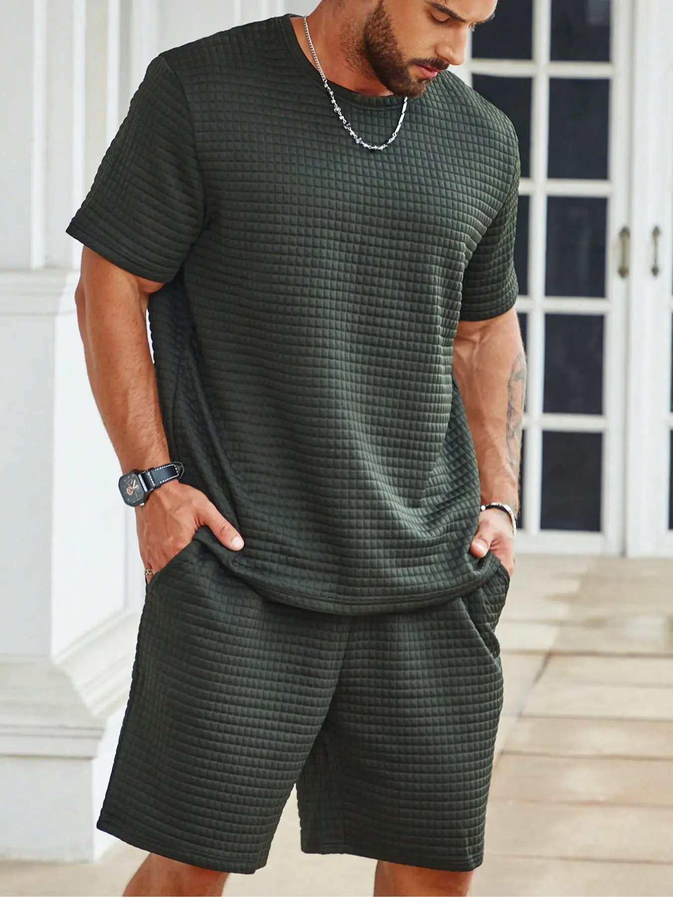 Waffle Men's Short Sleeve Shirt and Shorts Matching Set, Summer Lightweight Casual Wear for Spring and Autumn, Comfortable Men's Clothing