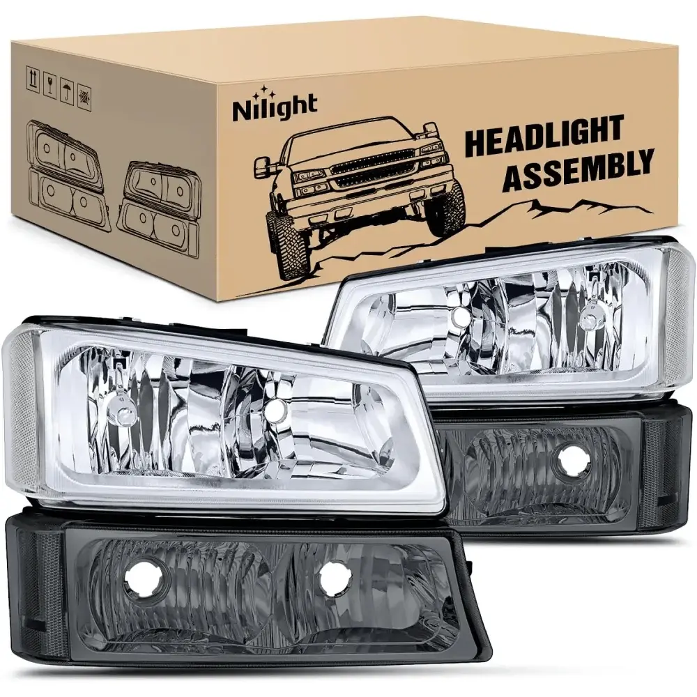 Nilight Headlight Assembly for 2003-2006 Chevy Silverado/Avalanche 1500, 1500HD, 2500, 2500HD, 3500 - Chrome Case, Clear Reflector, Smoke Lens, Anti-Fogging, IP65 Rated, OE Standard, Plug-N-Play