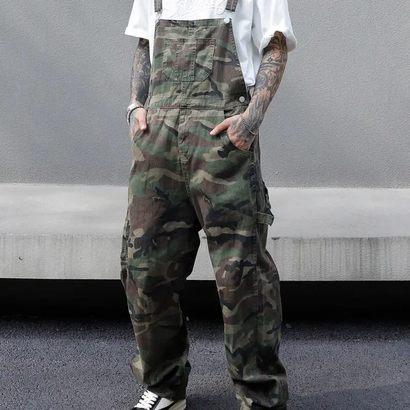 Men's 100% Cotton Stylish Casual Camouflage Overalls - Baggy Relaxed Straight Leg, Adjustable Strap-Fit, Soft Lightweight Fabric, Outdoor Cargo Pockets, Basic All-Seasons Menswear for Day Street Style Outdoors