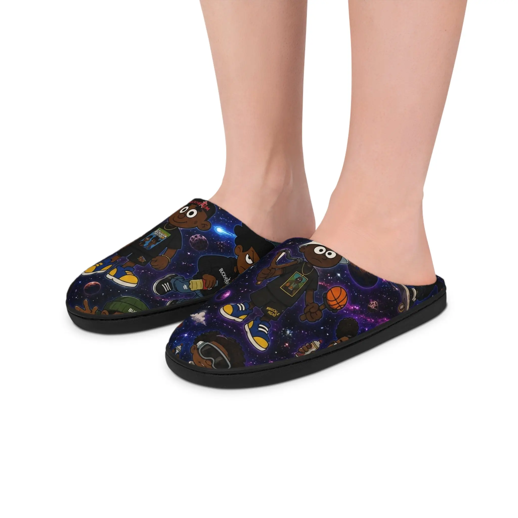Galaxy Buckheem Cartoon Character Women's Indoor Slippers — Fun Space-Themed Cozy House Shoes