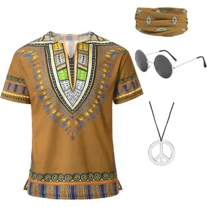 Mens 60s 70s Outfits 4 count Hippie Costumes Colorful T-Shirt Accessories Set for Theme Party