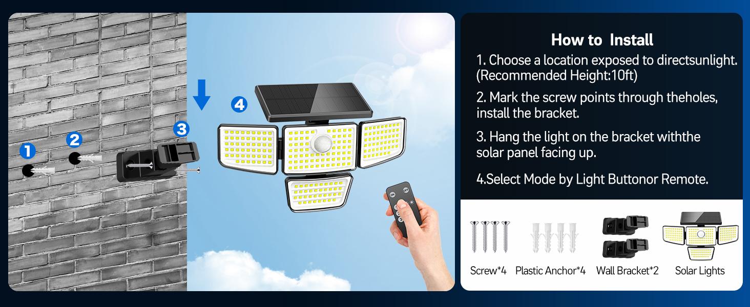 DEEPN Solar Outdoor Motion Lights - Upgraded 4 Heads 188 LED Security Lights with Motion Sensor Lights, IP65 Waterproof 270° Wide Angle Flood Wall Lights for Home Darkroom Backyard