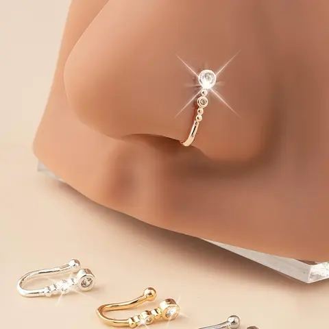 4pcs/ set of Simple Fashion Copper Inset Synthetic Zirconia 18K Gold Plated Plated U-shaped Non-porous Nose Ring Nose Clip Nose Needle Creative Gift Body Piercing Jewelry