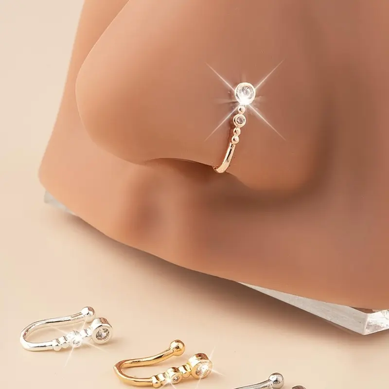 4pcs/ set of Simple Fashion Copper Inset Synthetic Zirconia 18K Gold Plated Plated U-shaped Non-porous Nose Ring Nose Clip Nose Needle Creative Gift Body Piercing Jewelry