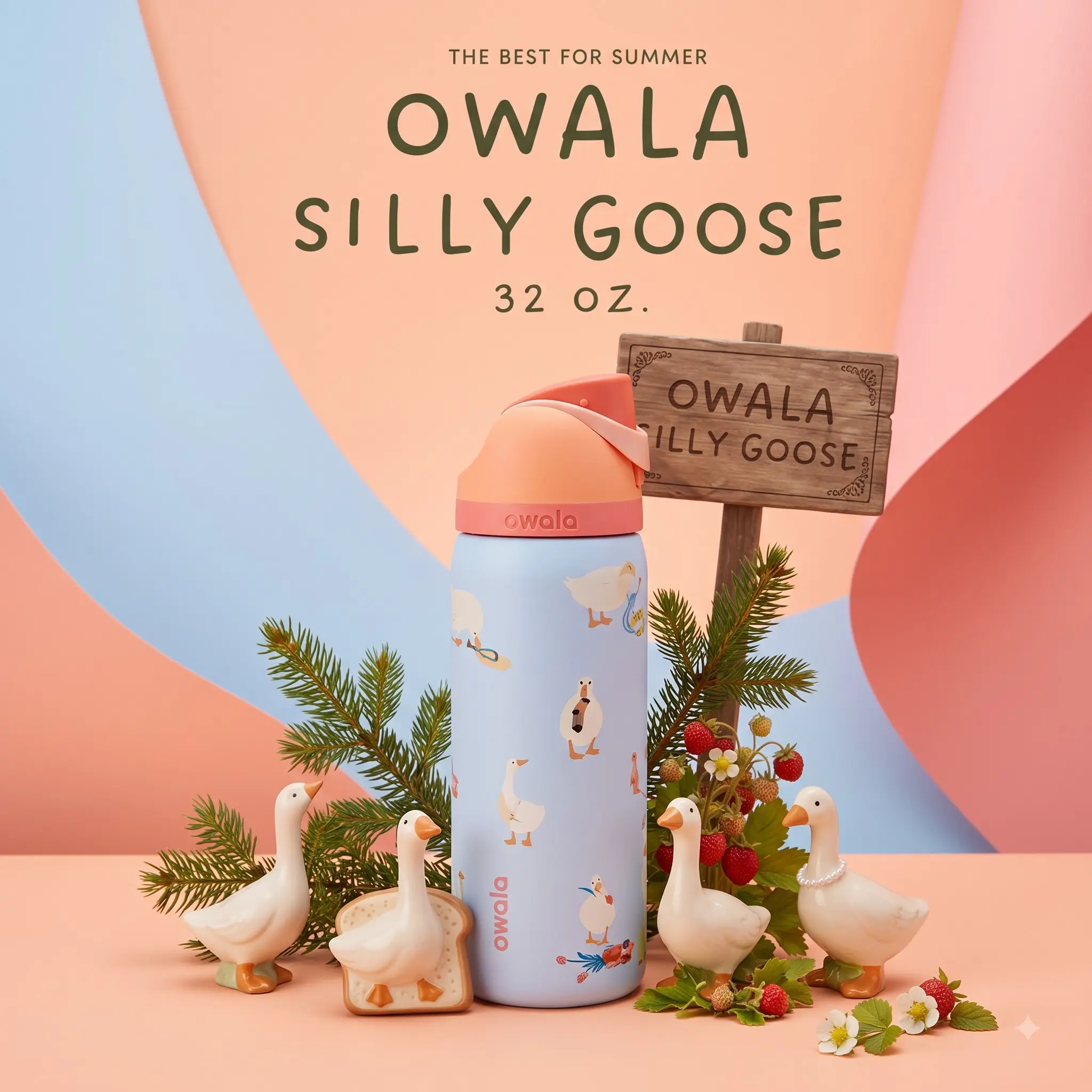 Owala Silly Goose 32oz Insulated Stainless Steel Flask, Portable Stylish Reusable Water Bottle with Built-In Straw, Leakproof Lid, Double-Wall Vacuum Insulation, Cute Goose Print for School, Outdoor Use