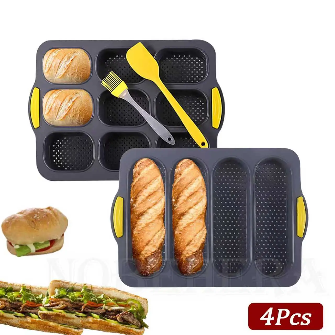 Silicone Baguette Baking Mold, Silicone Molds, Baking Tools, Baking Supplies, 4 Counts/set Including 2 Counts Baguette Food Baking Pan with Spatula & Oil Brush, Heat Resistant Non-stick Baking Mold for Home Kitchen House, Silicone Loaf Molds