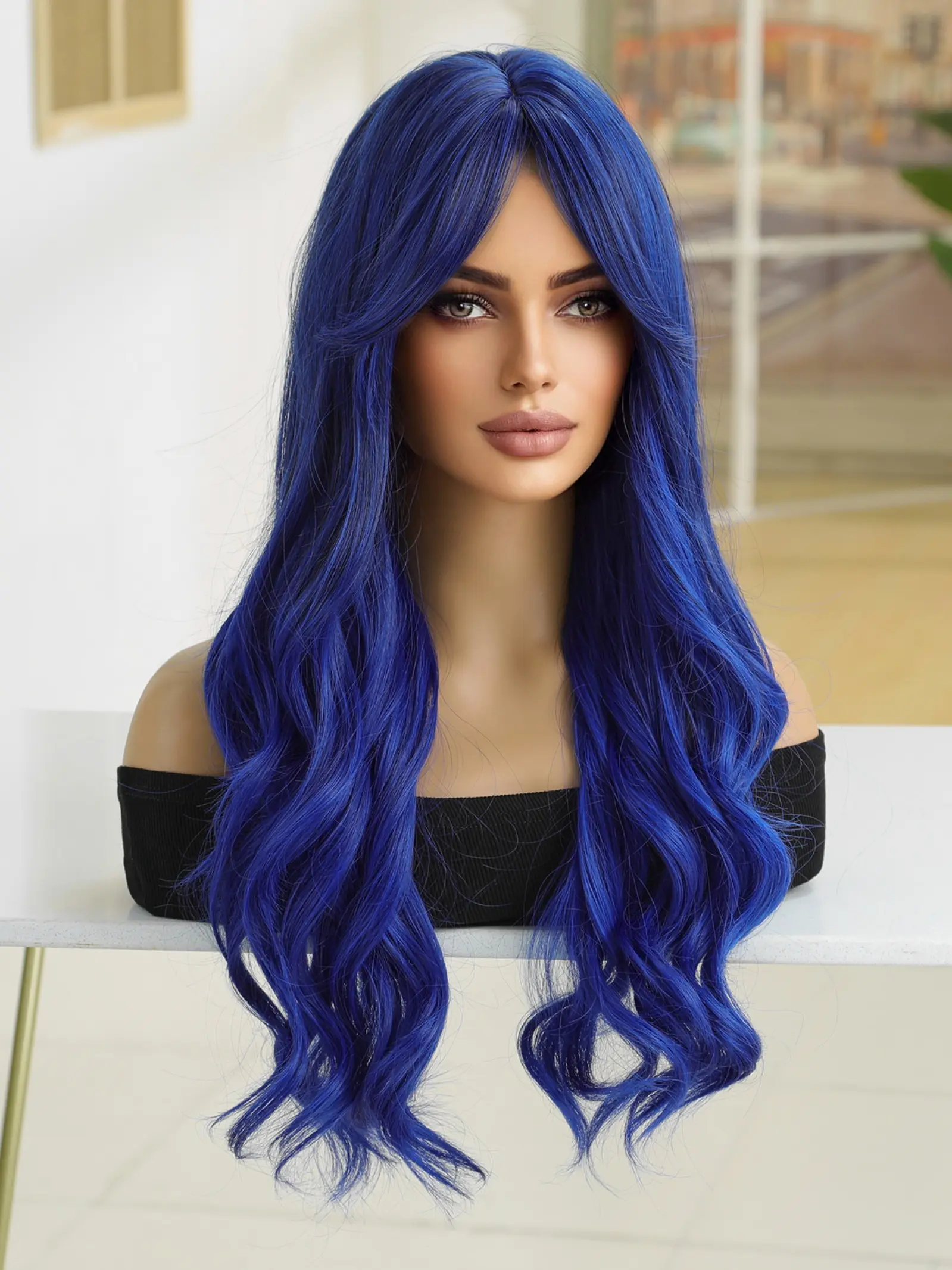 26 Inch Blue Long Curly Wig Full Head Synthetic Material  display picture 2
