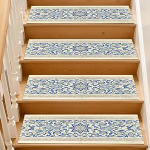 Base Stair Mat with Blue Islamic Style Scroll and Star Pattern, Absorbent Non-Slip Wooden Step Rug, Quick-Dry Washable Floor Mat