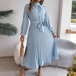 Women's High Neck Long Sleeve Pleated Midi Dress with Belt, Elegant Light Blue Chiffon Dress for Party, Wedding Guest, Formal Occasions