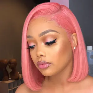 OQ HAIR Pink Bob Wigs Short Straight Human Hair 13x4 Lace Frontal Wigs Bleached Knots Pre Plucked Natural Hairline Vacation Hair Wigs