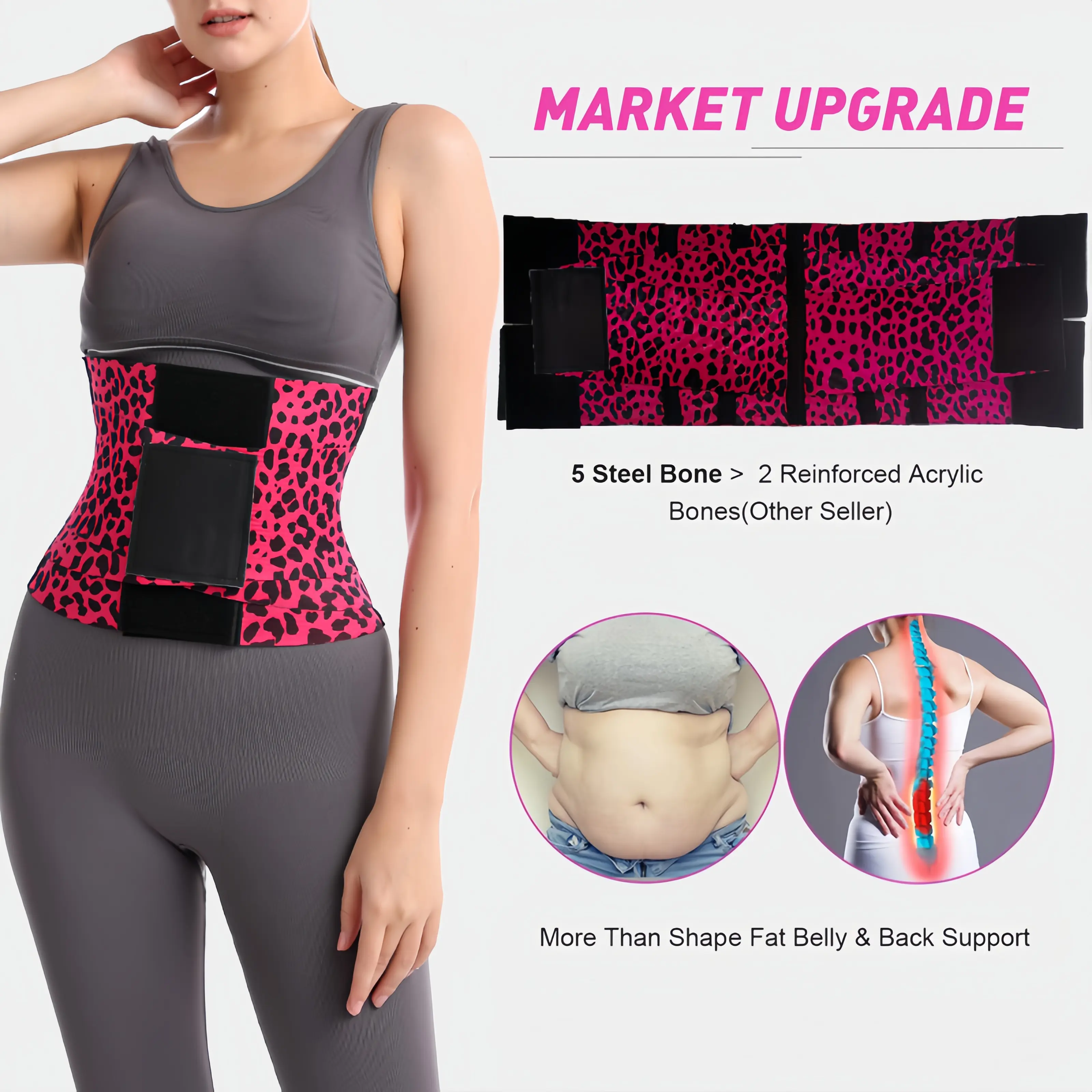 Women Leopard Print Waist Trainer Corset, 5 Steel Bones Triple Compression Tummy Control Waist Cincher, Adjustable Velcro Back Support Body Shaper Waist Shaper Black Outfit