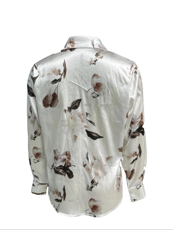 Women's Floral Print Satin Button Up Blouse, Elegant Long Sleeve Button Closure Top for Work Office Business, Ladies Clothes for All Seasons, Shirts