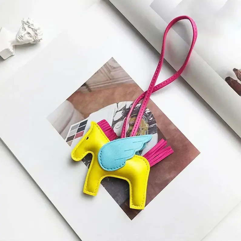 Artisan Hand-Stitched Bag Charm, PU Leather Winged Pony for Women, Playful Chic Purse & Backpack Decor - Brown with Pink Wings, Backpack Accessories, Mini Bag Accessories, 3.7 X 8.7 Inches, Adults, Multi-Bag Fit