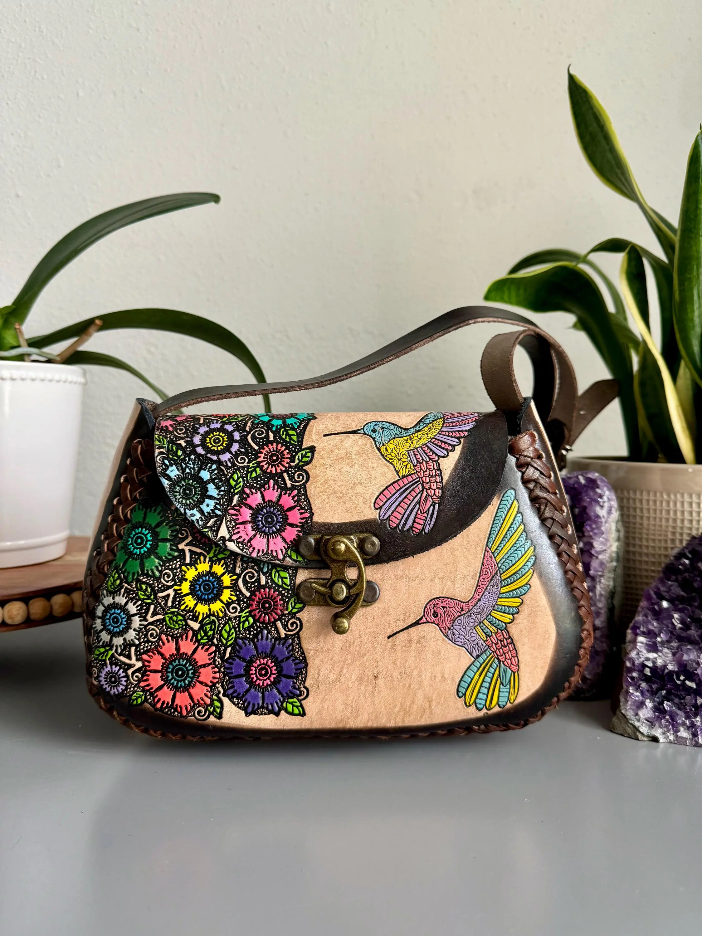 Leather Hand-Tooled Embossed Mexican Hummingbird Purse, Handmade Bag, Artesania Mexicana, Artisan Leather Handbag / Bolsa De Piel