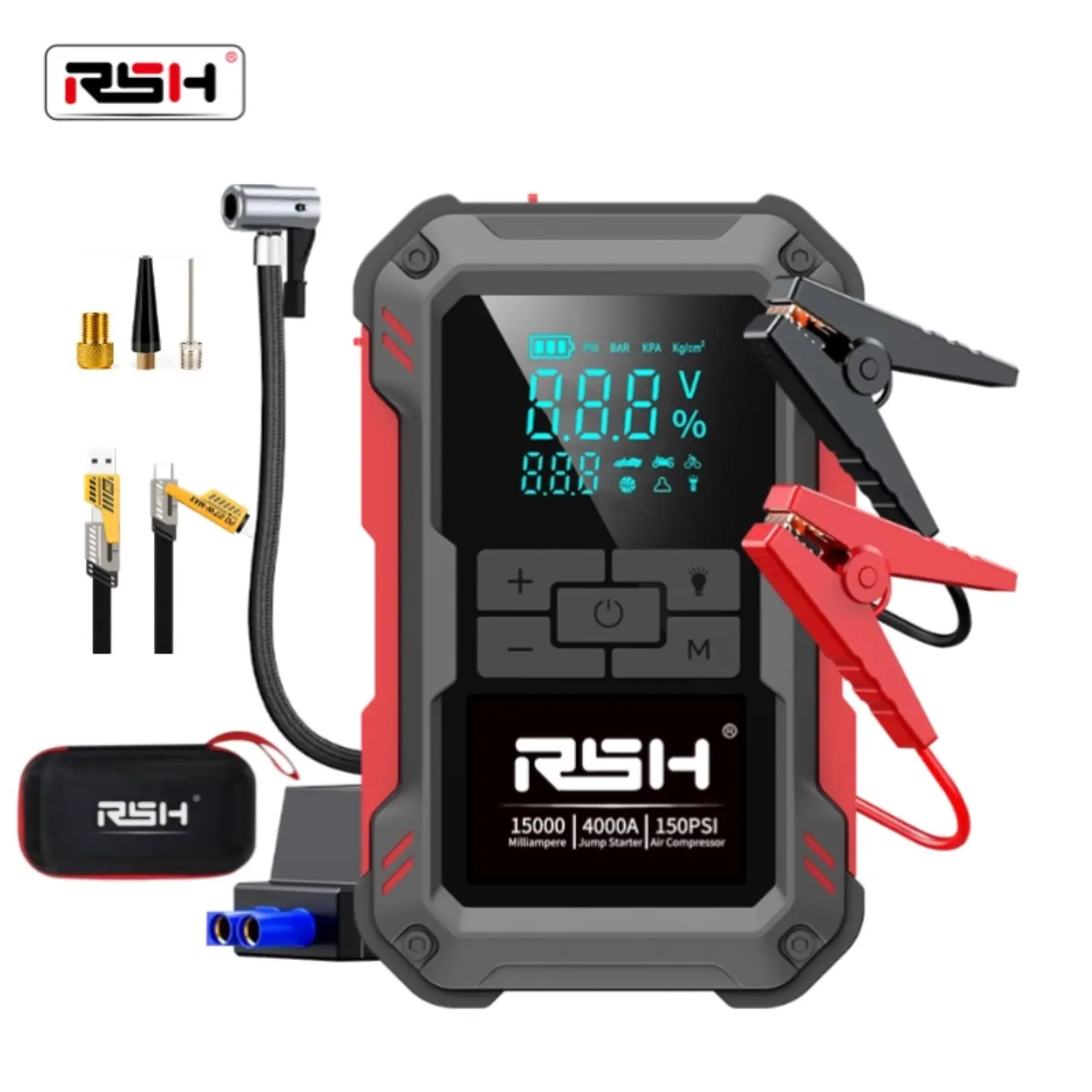 RSH 15000mAh Ultra-Safe 12V Car Jump Starter Tool Kit, Car Accessories Set with 150 PSI Air Compressor, 18W Fast Charging, Tire Pressure Check, LED Light, Jumper Cables, Air Hose, Storage Bag, 4-in-1 Charging Cable (Father's Day Gifts for 12V Vehicles)