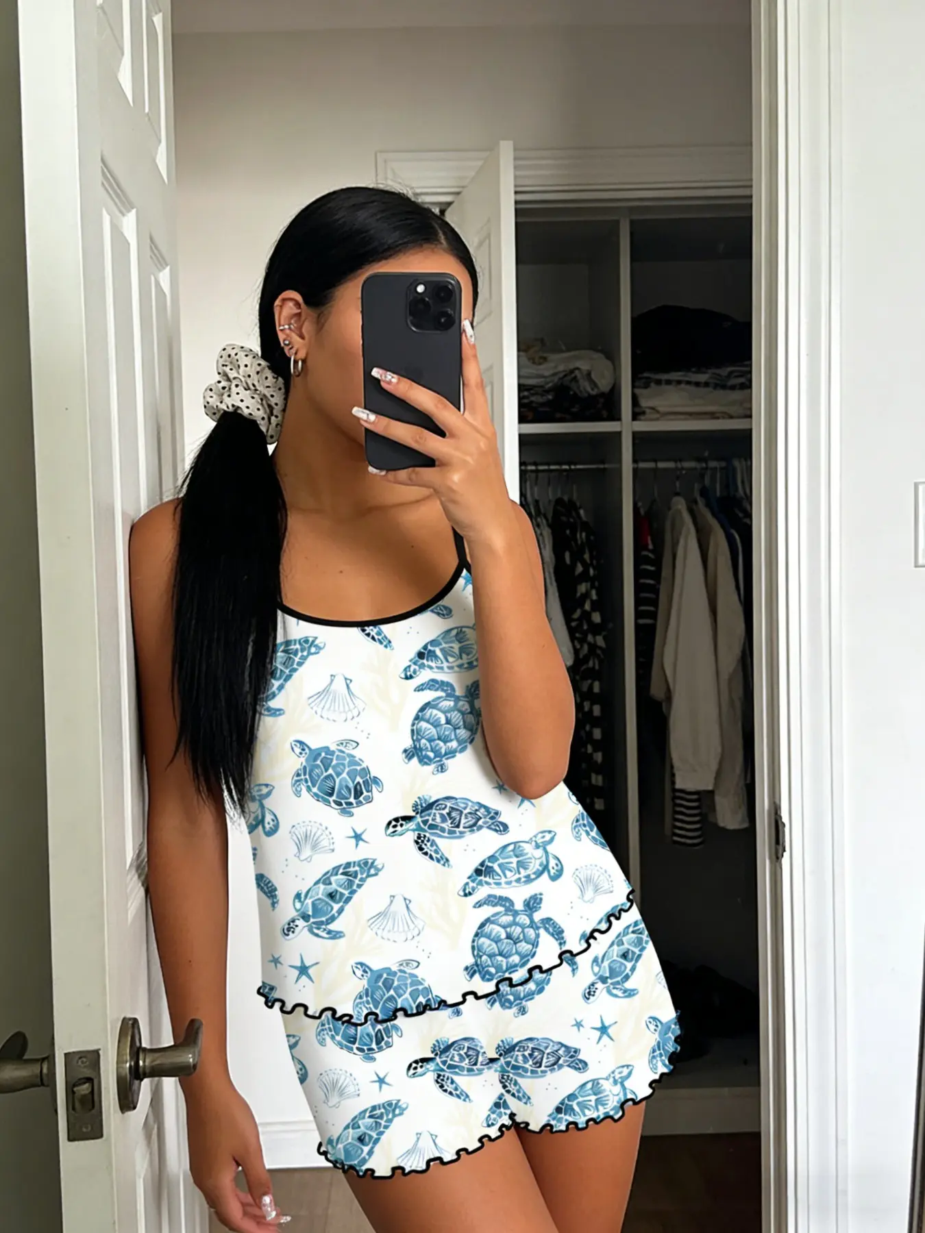 Base Blue Turtle Starfish Shell Print Sleeveless Pajama Set, Border Ruffle Design, Fresh Ocean Style Aesthetic Breathable Home Sleepwear