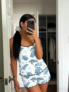 Base Blue Turtle Starfish Shell Print Pajama Set, Border Ruffle Design, Fresh Ocean Style Breathable Home Sleepwear