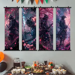Samurai Pattern Hanging Banner, 4 Counts/set Modern Artistic Wall Art Painting Print, Wall Art Decor for Home Living Room Bedroom Office Decoration