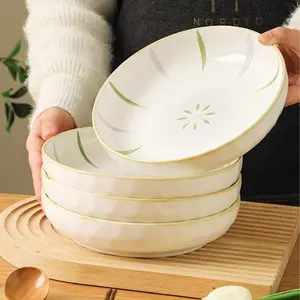 Set of 2/4 Ceramic Aesthetic Pasta Serving Bowls, 7/8 Inch Shallow Wide Salad Soup Bowls, Hammered Texture & Willow Pattern, Microwave & Dishwasher Safe Tableware