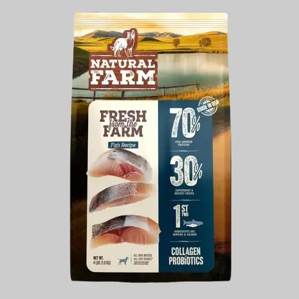 Natural Farm 4-lb Dry Kibble Dog Food, Fresh Fish & Beef Recipe for US Pets - Collagen, Oats, Sunflower Oil, Vitamins, Potassium Chloride, Millet, Minerals, Dicalcium Phosphate, All Ages Complete Nutrition Formula for Joint Support & Shiny Coat