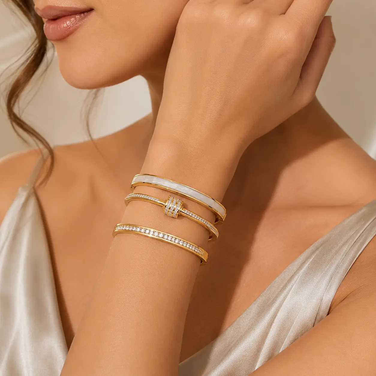 Elegant Gold Tone Bangle with Rhinestones and White Shell Design for Women's Fashion Accessory