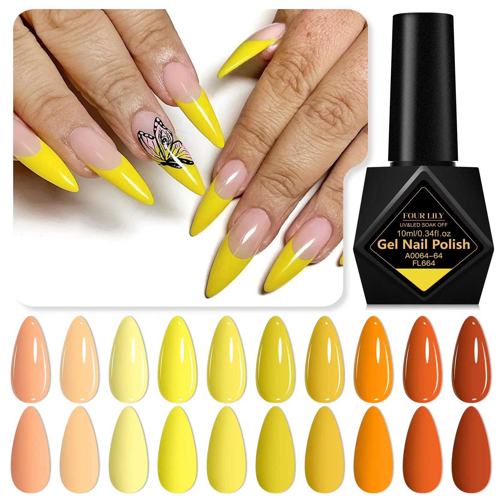 FOURLILY 10ml Yellow Orange Series Gel Nail Polish, Trendy Sunflower Color Bright Gel Polish Light, Floral Nails, for Home Salon Nail Art Gel Varnish Manicure DIY, High Quality Polish, Gel Nail Supplies