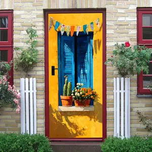 2pcs Mediterranean Style Blue Shutter Wall Sticker Yellow Wall Decor with Flowers and Cactus Pattern Self Adhesive Removable Wallpaper for Living Room Bedroom Background Wall Home Decoration Art Mural